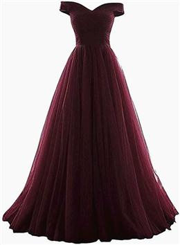 Picture of Maroon Off Shoulder Bridesmaid Dresses  Long, Simple Tulle Dresses